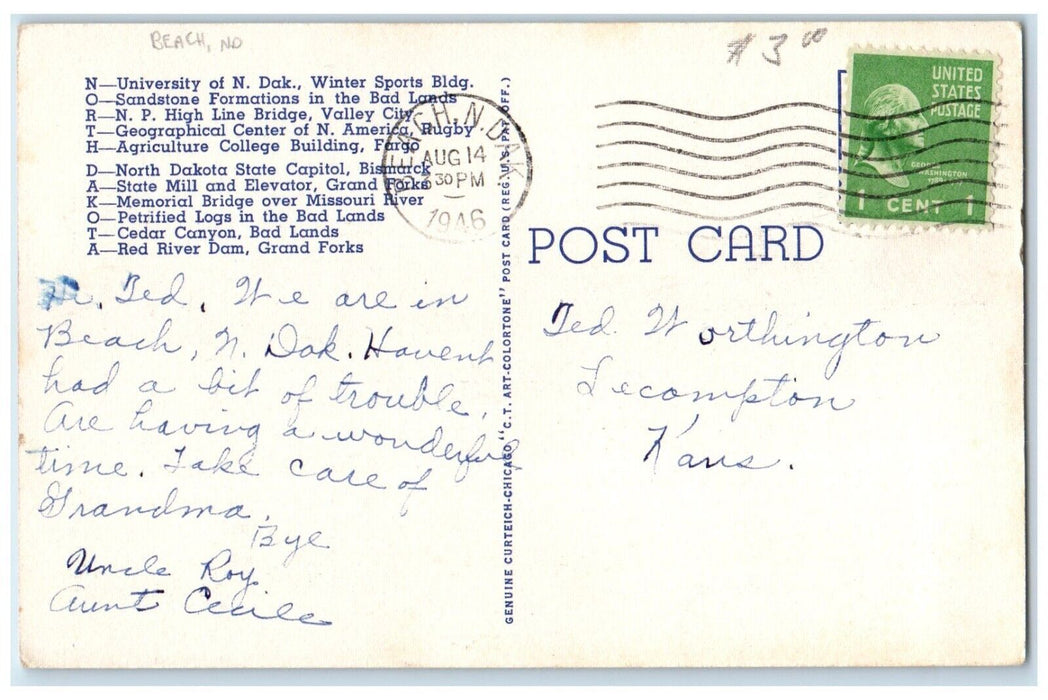 1946 Greetings From Beach North Dakota ND Large Letters Posted Vintage Postcard