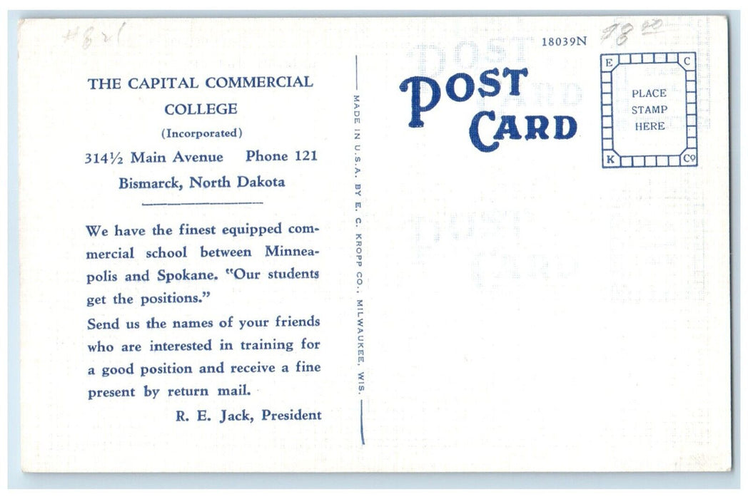 c1930's Capitol Commercial College Faculty And Students Bismarck ND Postcard