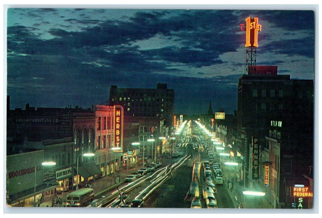 c1950s Broadway At Night View Trolley Cars Herbst Fargo North Dakota ND Postcard