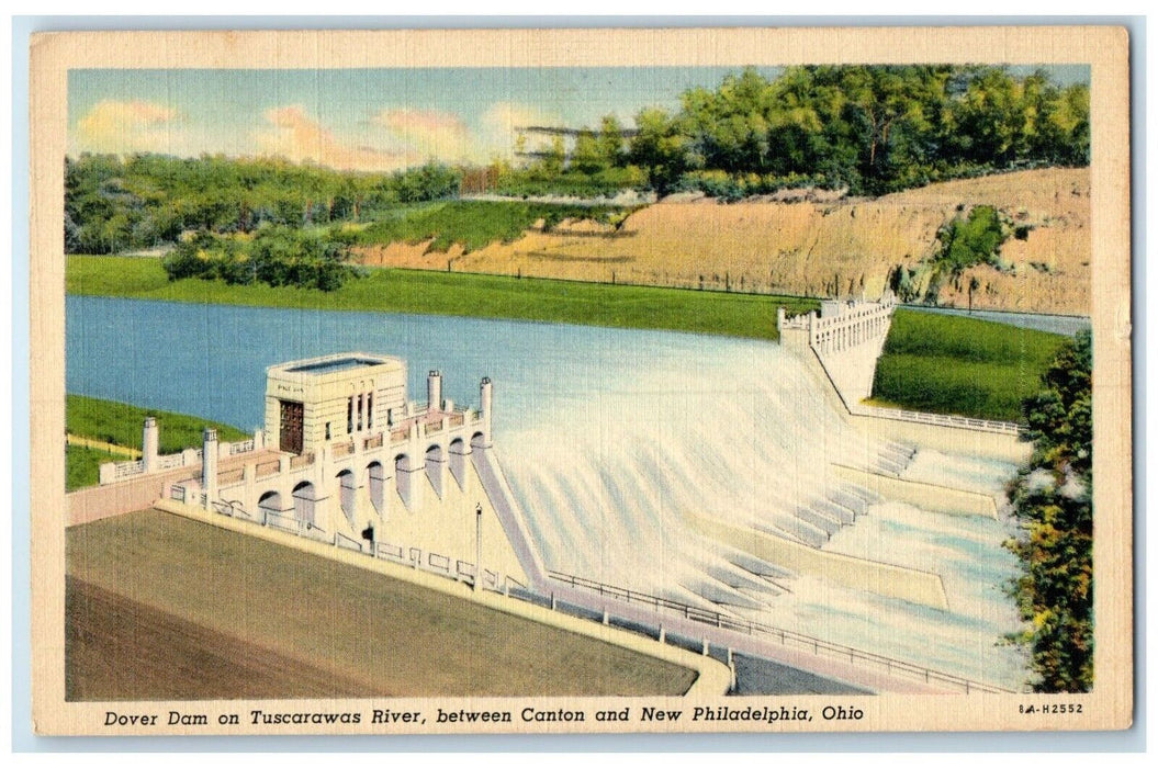 1939 Aerial Dover Dam Tuscarawas River Canton New Philadelphia Ohio OH Postcard