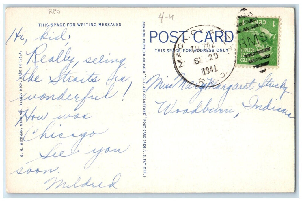 1941 RPO Dock Scene Steamer Cruise Ship Mackinac Island Michigan Posted Postcard