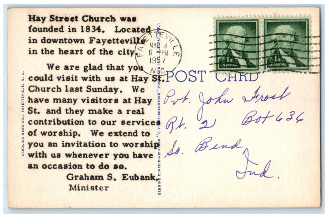 1957 Hay Street Methodist Church Exterior Fayetteville North Carolina Postcard