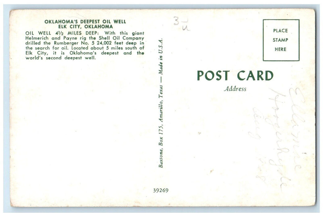 c1960 Oklahoma's Deepest Oil Well Helmerich Payne Rig Elk City Oklahoma Postcard