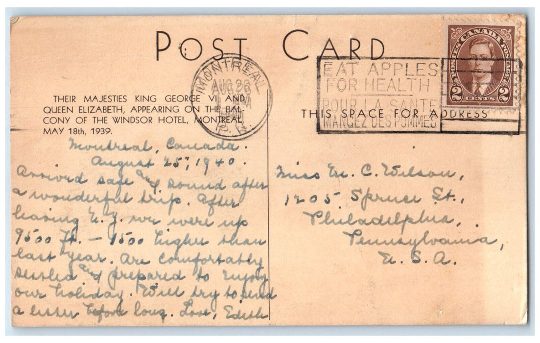 1940 King George VI Queen Elizabeth in Balcony of Windsor Hotel Canada Postcard