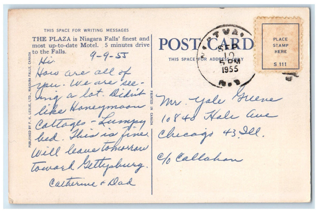 1955 The Plaza Motel Lundy's Lane Niagara Falls Canada Vintage Postcard