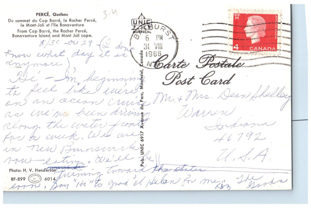 1966 From Cap Barre The Rocher Perce Quebec Canada Vintage Postcard