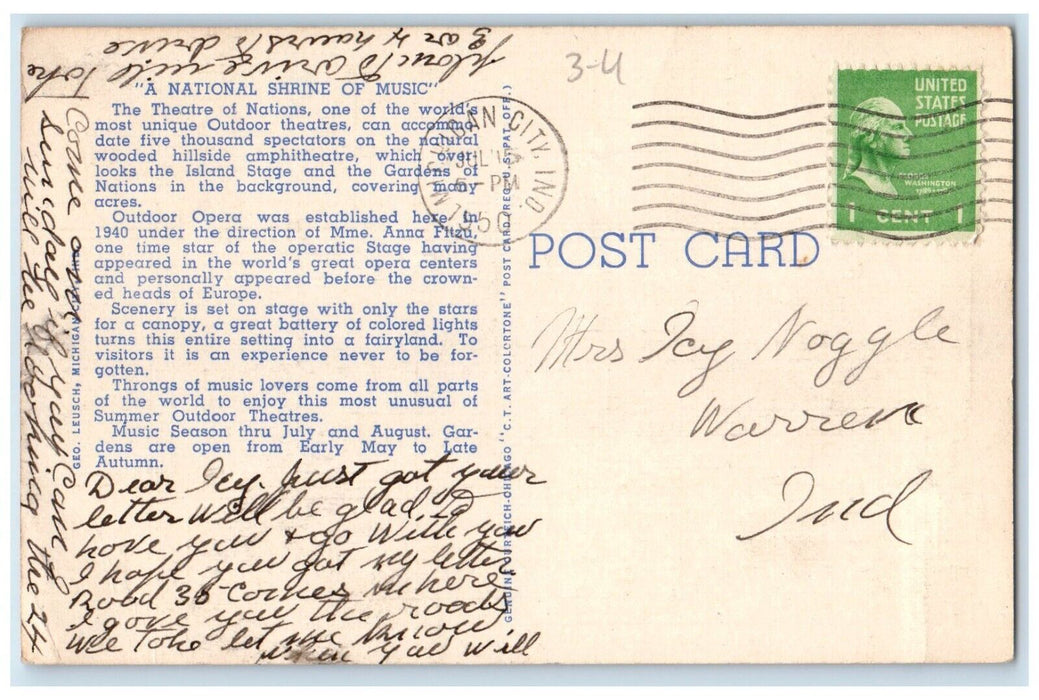 c1950 Theatre Nations International Friendship Gardens Michigan City IN Postcard