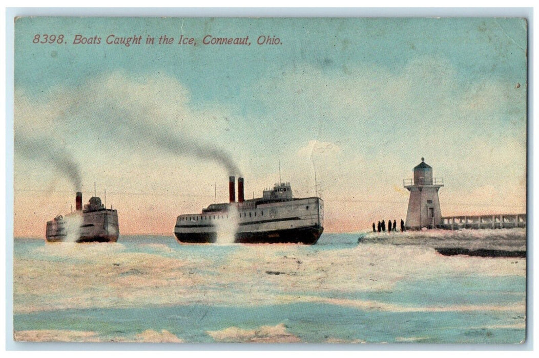 1915 Boats Caught Ice Steamer Lighthouse Conneaut Ohio  Vintage Antique Postcard