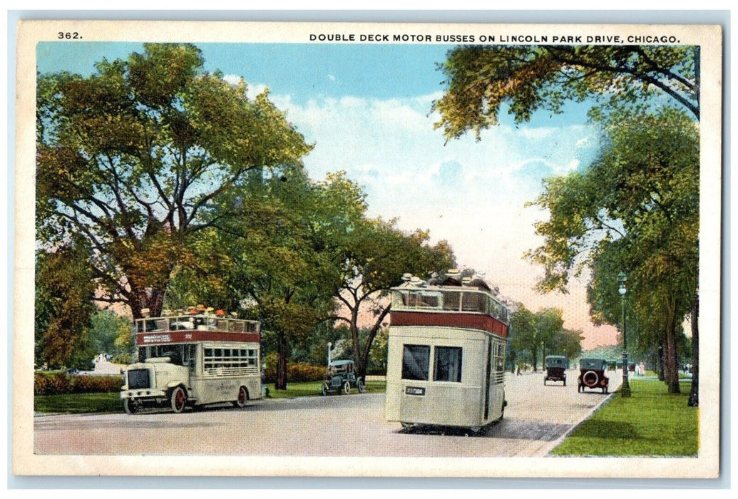 c1930's Double Deck Motor Busses Lincoln Park Drive Chicago Illinois IL Postcard