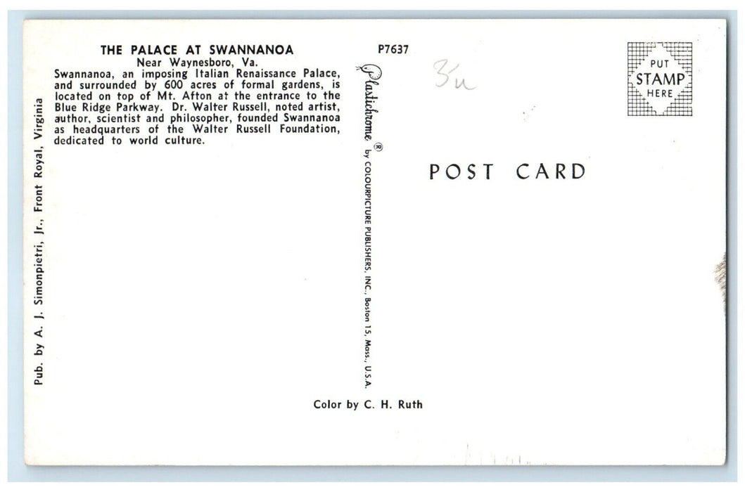 c1960 Palace Swannanoa Italian Renaissance Palace Waynesboro Virginia Postcard