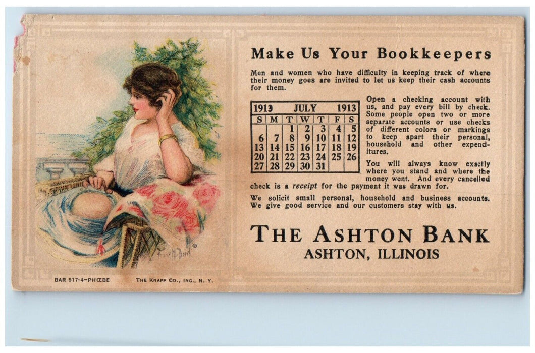 The Ashton Bank Ashton Illinois IL, Bookkeepers Calendar Ink Blotter Postcard