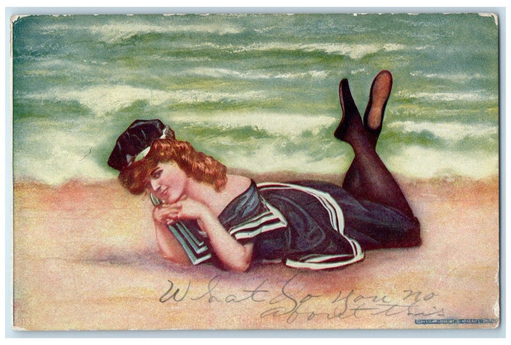 1906 Pretty Woman Curly Hair Scene At The Beach Springville NY Antique Postcard