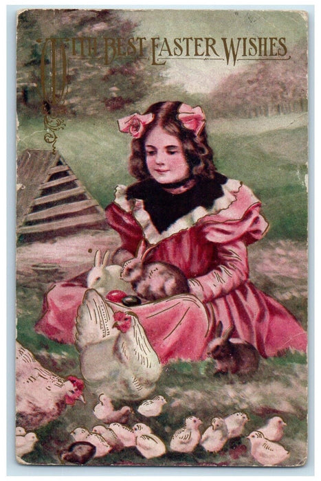 c1910's Easter Wishes Girl Bunnies Rabbit Chicken Hen Chicks Antique Postcard