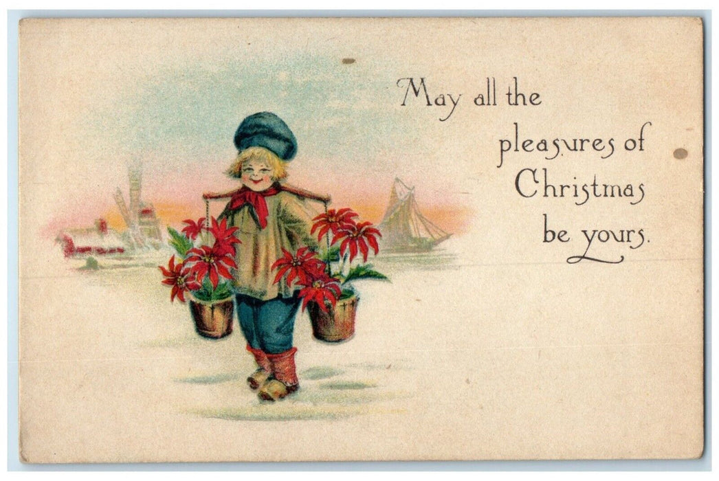 1917 Christmas Boy Carrying Poinsettia Flowers Brookview New York NY Postcard
