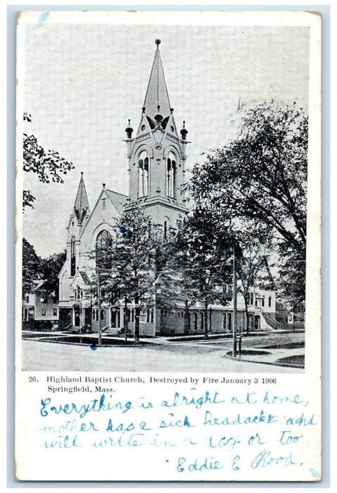 1906 Highland Baptist Church Destroyed Fire Springfield Massachusetts Postcard