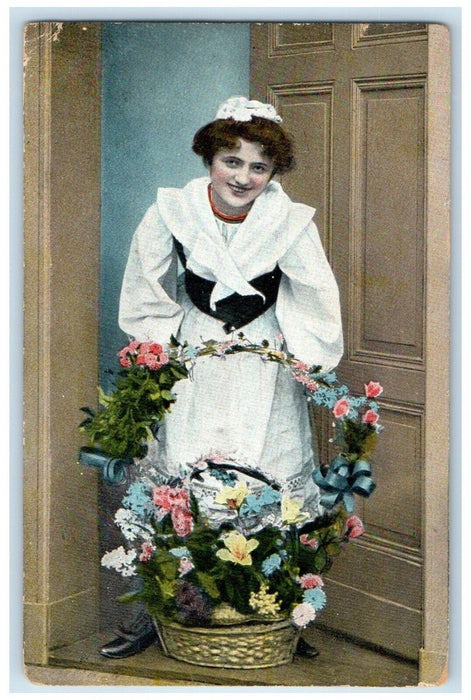 c1910's Woman With Flowers In Basket Berne New York NY Posted Antique Postcard