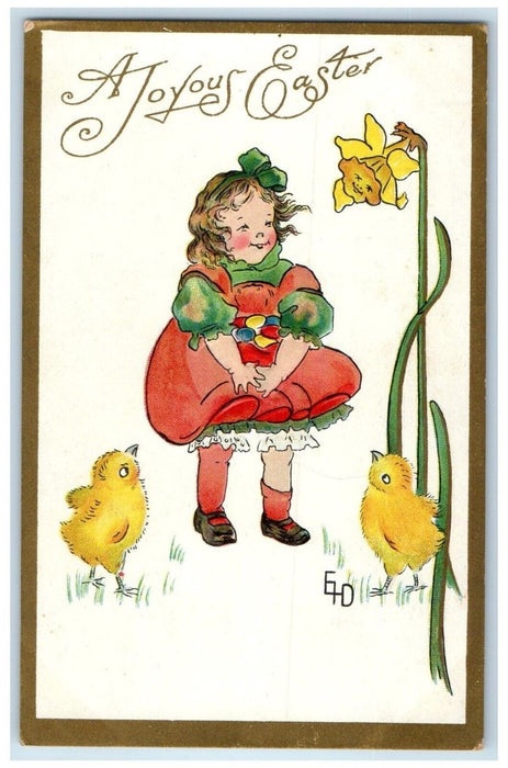 c1910's Easter Little Girl Flower Chicks Embossed Unposted Antique Postcard