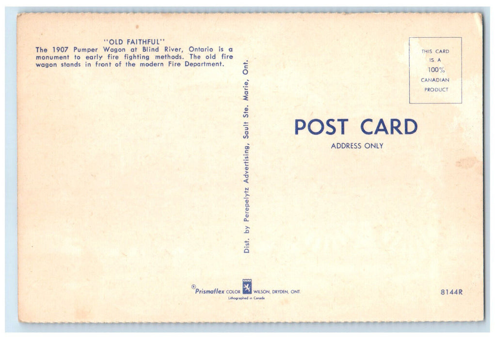 c1960's Fire Wagon Blind River Fire Department Ontario Canada Postcard