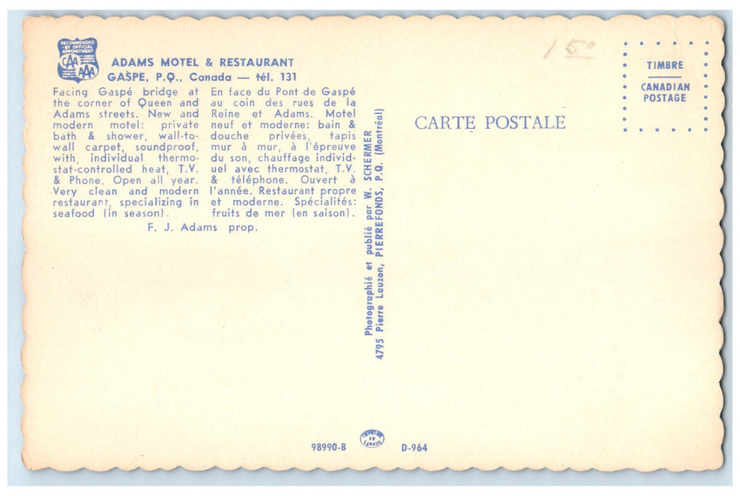 c1950's Adams Motel & Restaurant Gaspe Quebec Canada Multiview Vintage Postcard