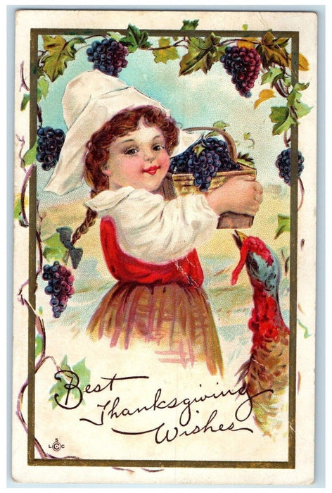 c1910's Thanksgiving Girl Harvested Grapes Turkey Embossed Antique Postcard