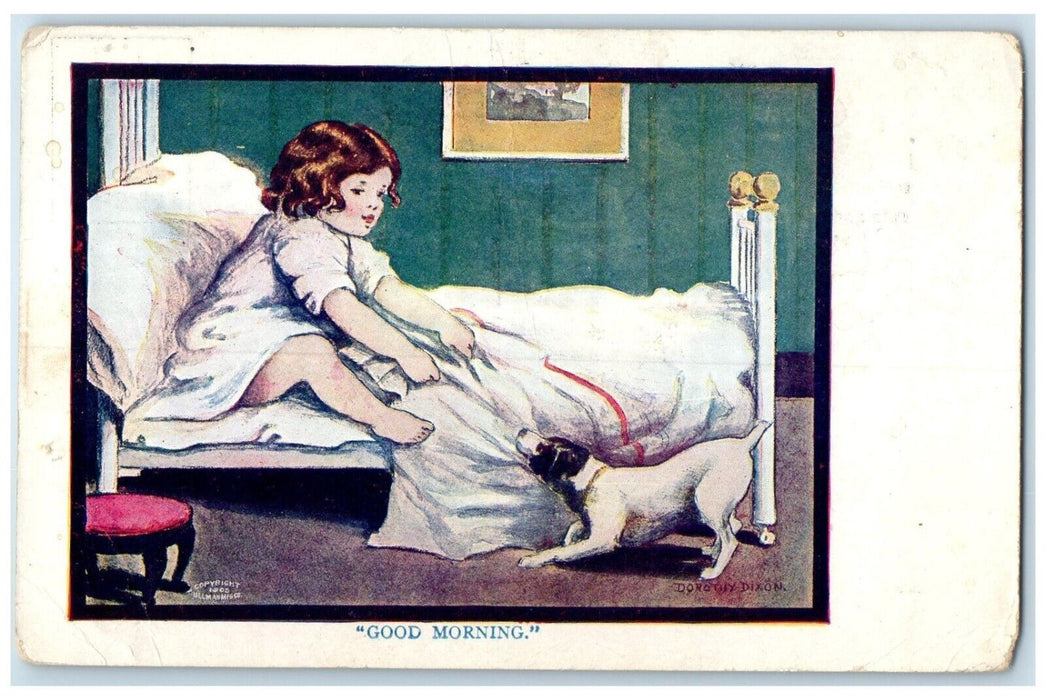 c1910's Little Girl On Bed Dog Pulling The Blanket Good Morning Antique Postcard