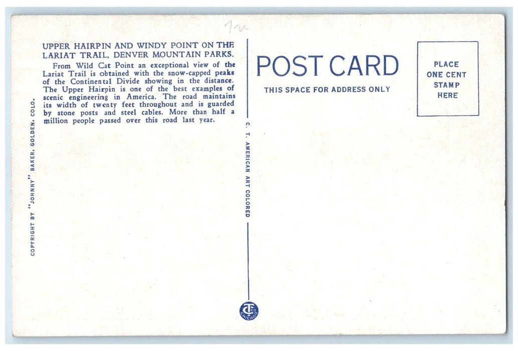 c1920 Upper Hairpins Windy Point Lariat Trail Lookout Mountain Colorado Postcard