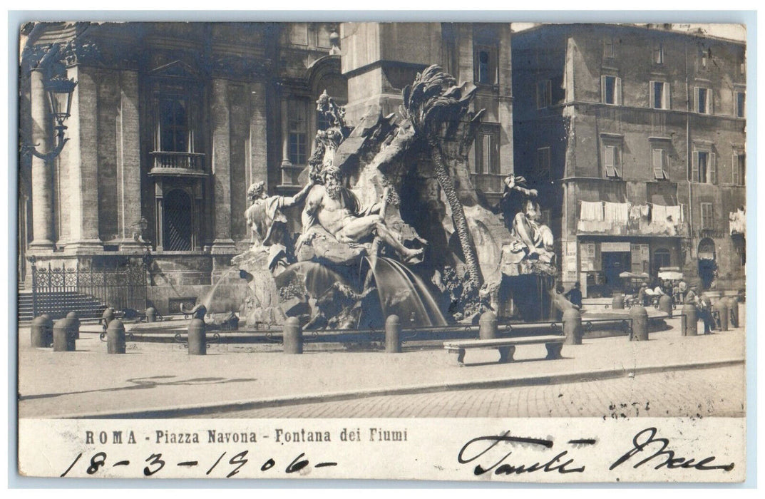 1906 Piazza Navona Fountain of the Rivers Rome Italy Posted RPPC Photo Postcard