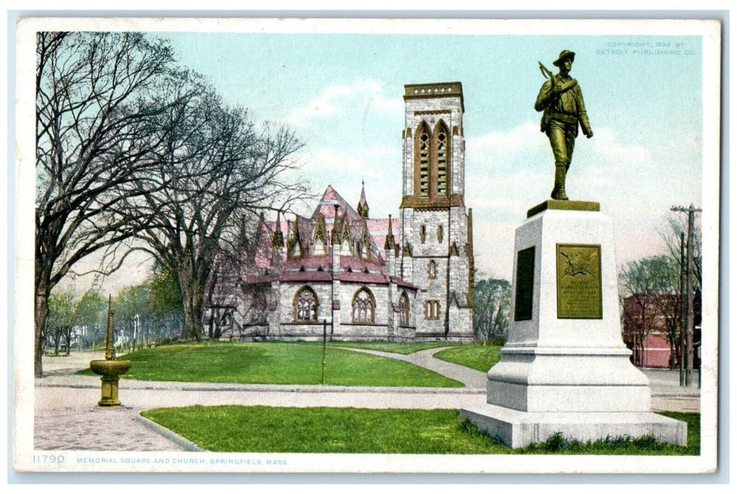 1911 Memorial Square Church Monument Statue Springfield Massachusetts Postcard