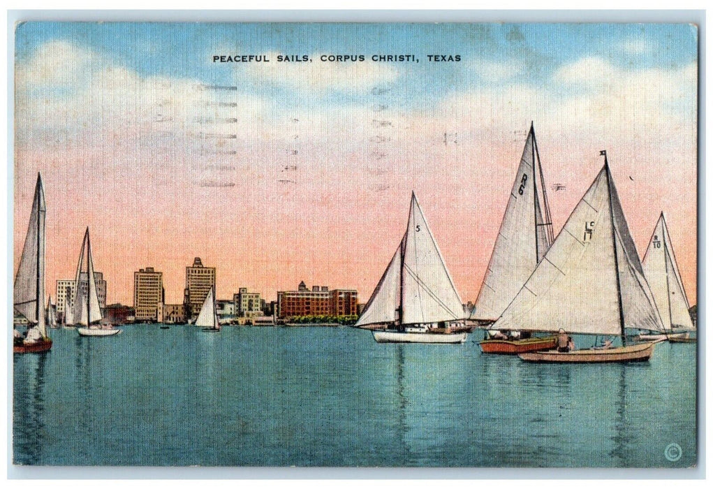 1953 Peaceful Sails Boat Lake Sailboat Corpus Christi Texas TX Vintage Postcard