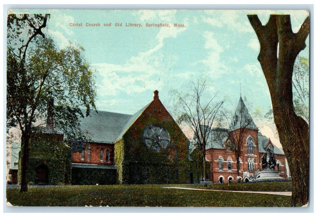 1913 Christ Church Old Library Exterior Field Springfield Massachusetts Postcard