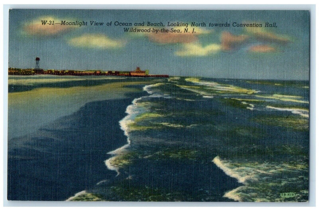 c1940 Moonlight Ocean Beach Looking North Convention Hall New Jersey NJ Postcard