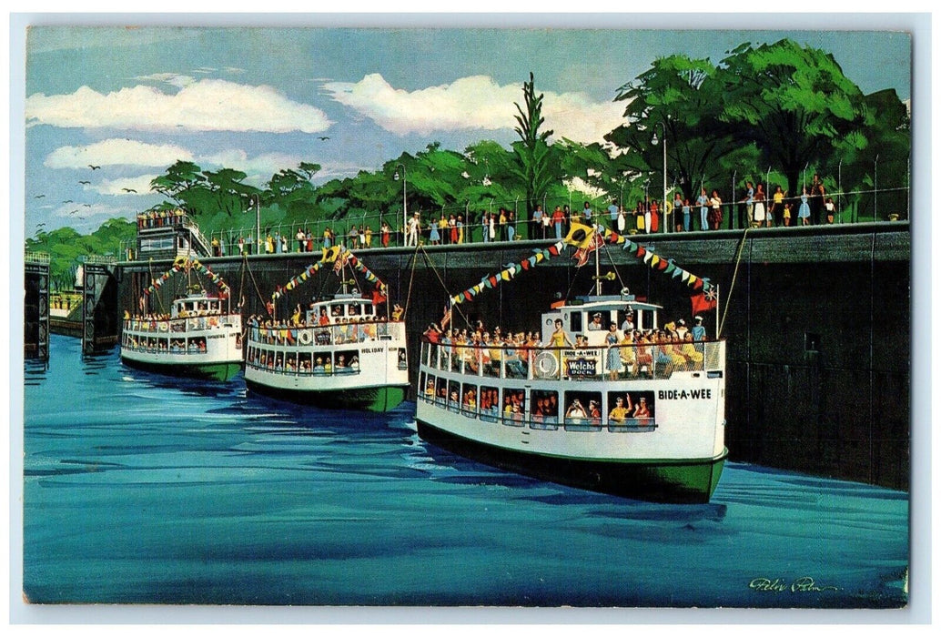 c1960 New Welch Fleet MacArthur Lock Soo Locks Sault Ste Marie Michigan Postcard