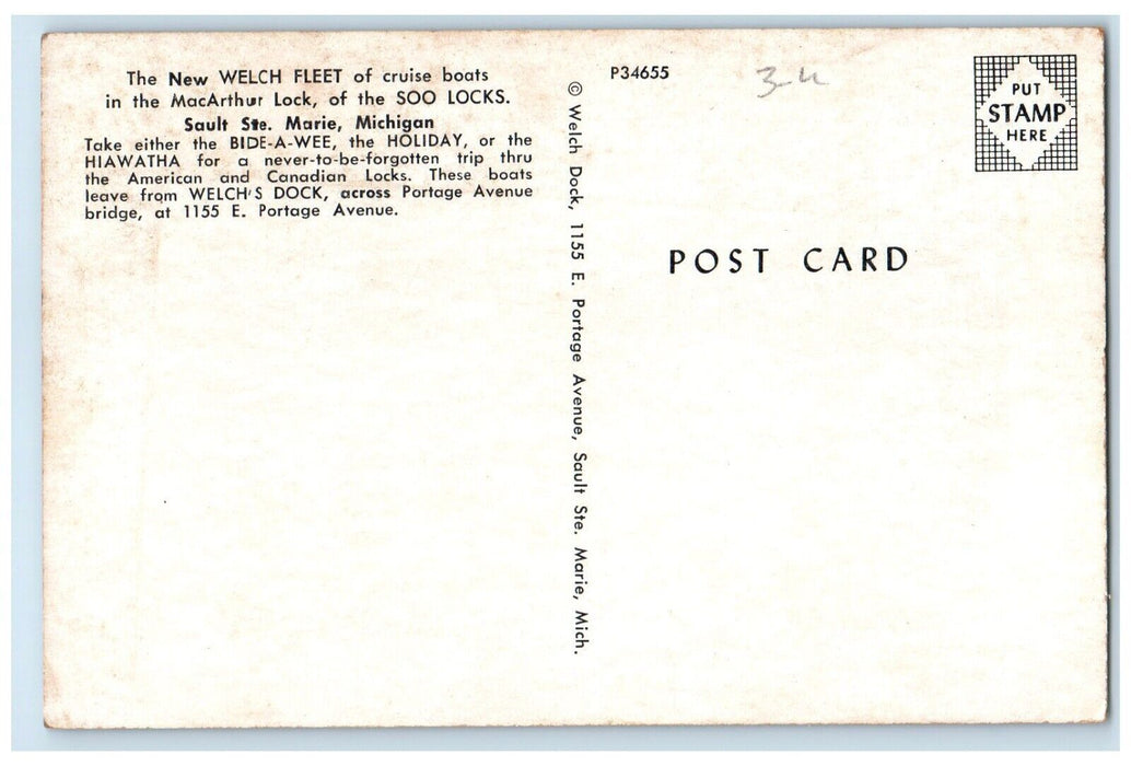 c1960 New Welch Fleet MacArthur Lock Soo Locks Sault Ste Marie Michigan Postcard