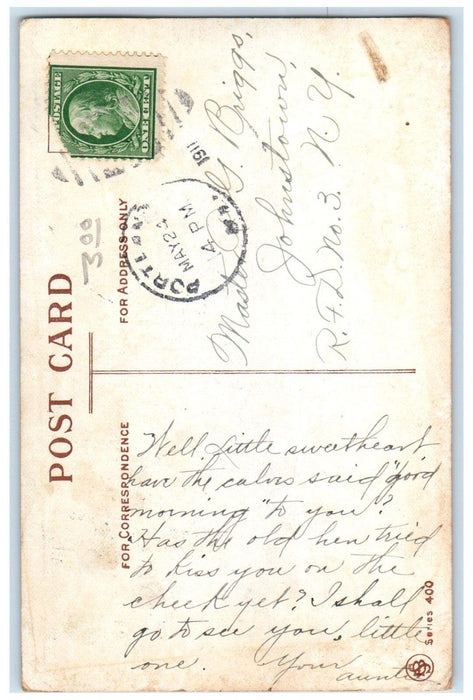 1911 Little Girl Apple Bite Worm Johnstown New York NY Posted Antique Postcard
