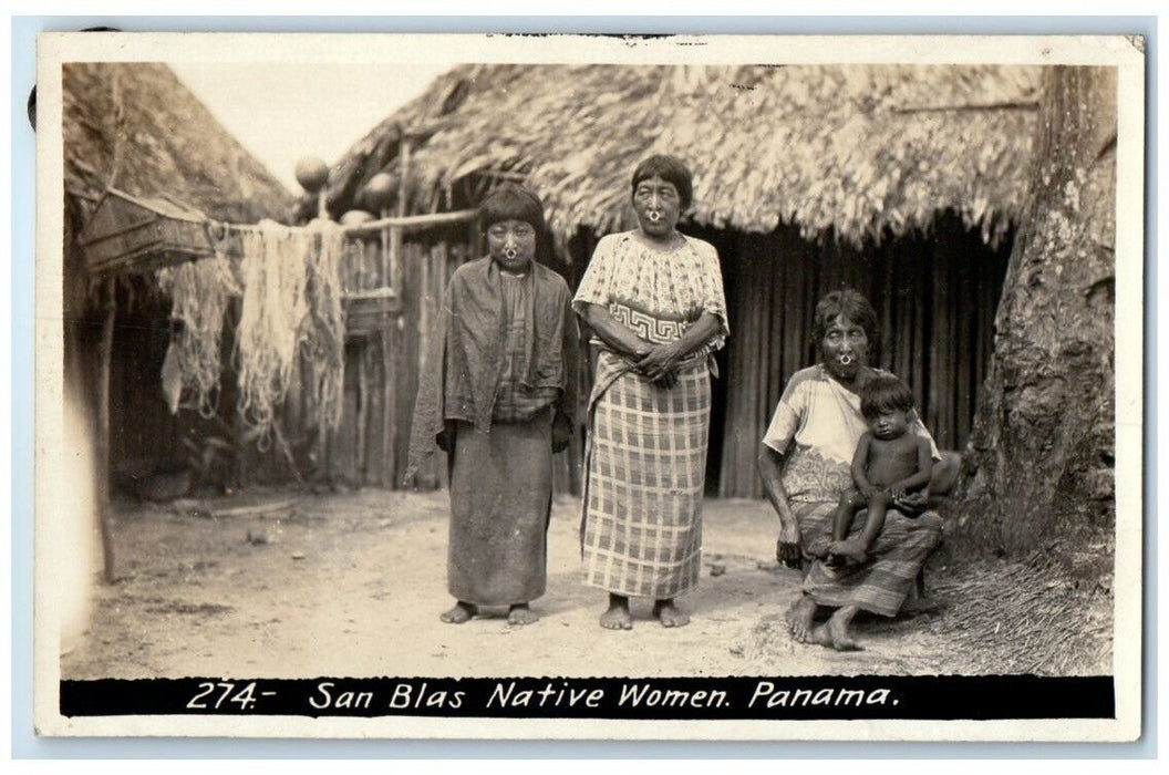 c1918 San Blas Native Women Child Straw Huts Panama RPPC Photo Postcard