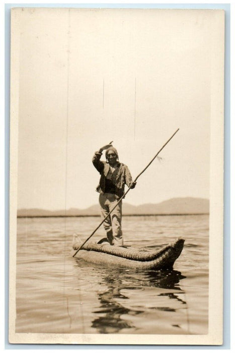c1910's Bolivian Fisherman Fishing Raft Boat View Bolivia RPPC Photo Postcard