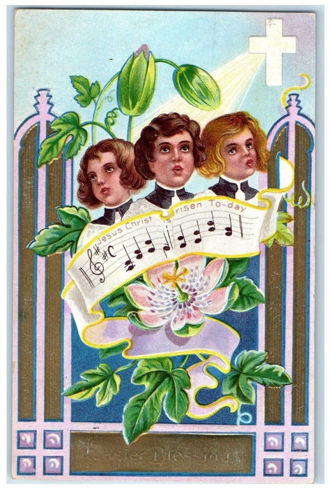 1910 Easter Church Choir Holy Cross Flower Embossed Oneonta NY Embossed Postcard