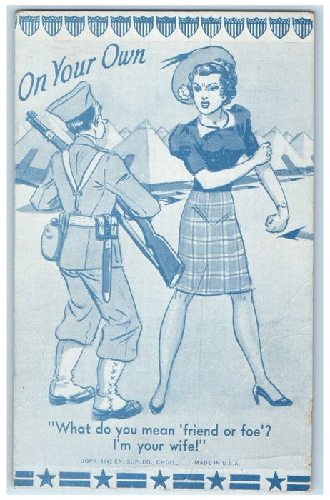 c1940's Angry Wife Military Soldier Tent Camp On Your Own WW2 Humor Postcard