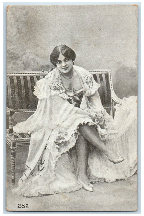 c1905 Pretty Woman Costume Theater Actress Sat On Chair Antique Postcard