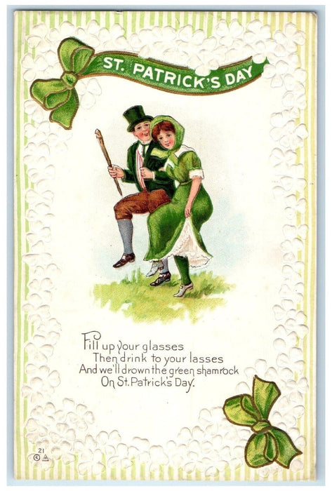 c1910's St. Patrick's Day Bow Green Ribbon Embossed Unposted Antique Postcard