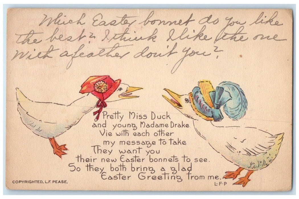 1912 Easter Greeting Anthropomorphic Ducks Feather Hat Westmoreland NY Postcard