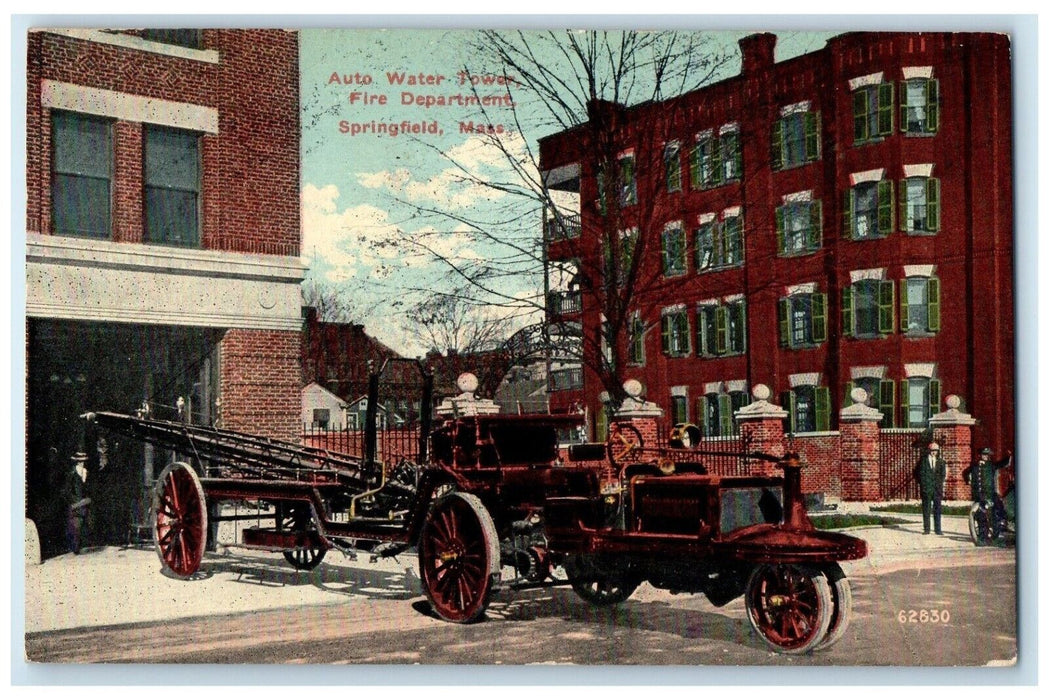1912 Auto Water Tower Fire Department Springfield Massachusetts Vintage Postcard