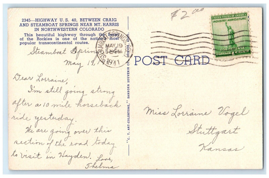 1941 Highway US 40 Craig Steamboat Springs Mt Harris Northwestern CO Postcard