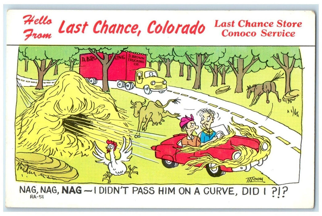 c1940 Hello From Last Chance Colorado Driving Car Chicken CO Laff Gram Postcard