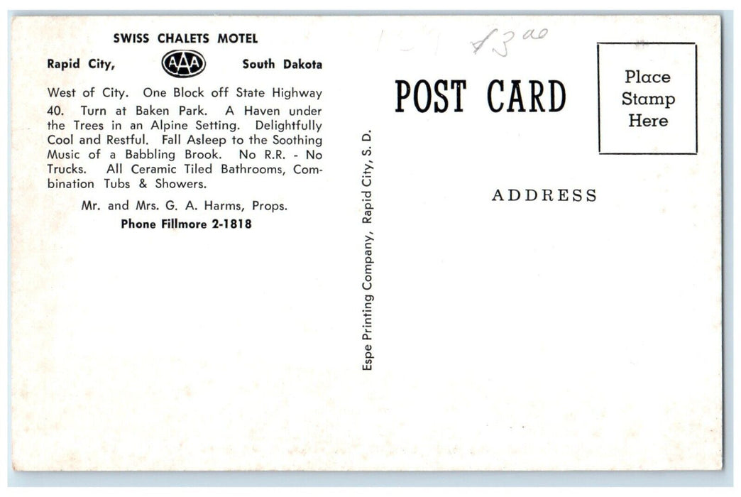 c1940 Swiss Chalets Motel Block State Highway Rapid City South Dakota Postcard