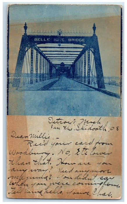 1908 Belle Isle Bridge Cyanotype Detroit Michigan MI RPPC Photo Antique Postcard