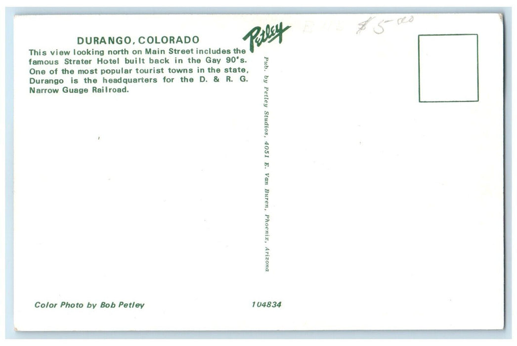 1960 Looking North Main Street Strater Hotel Buildings Durango Colorado Postcard
