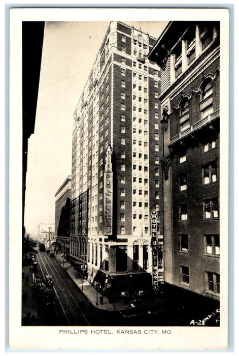 c1940's Phillips Hotel Building Cars Kansas City Missouri MO RPPC Photo Postcard