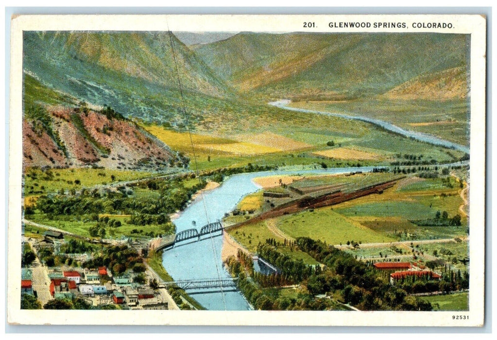 c1920 Birds Eye View River Bridge Mountain Glenwood Springs Colorado CO Postcard
