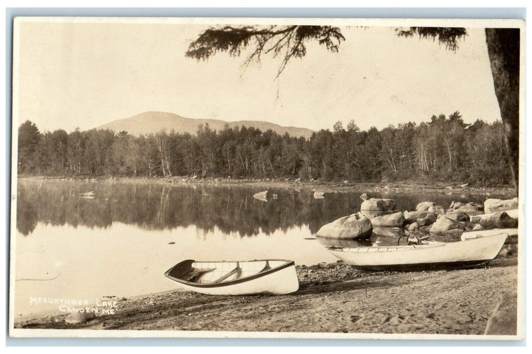 View Of Megunticook Lake  Boat Camden Maine ME RPPC Photo Vintage Postcard